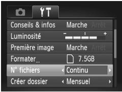 Conseils & infos Luminosité Première image Formater... N° fichiers Créer dossier Marche Arrêt 7.5GB Continu Mensuel