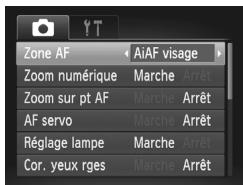 Zone AF Zoom numérique Zoom sur pt AF AF servo Réglage lampe Cor. yeux rges AiAF visage Marche Arrêt Marche Arrêt Marche Arrêt Marche Arrêt Marche Arrêt