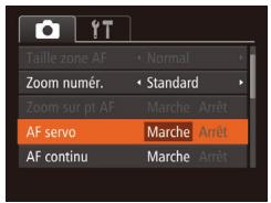 Taille zone AF Zoom numér. Zoom sur pt AF AF servo AF continu Normal Standard Marche Arrêt Marche Arrêt Marche Arrêt