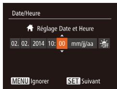 Date/Heure Réglage Date et Heure 02. 02. 2014 10: 00 mm/ji/aa OFF MENU Ignorer SET Suivant