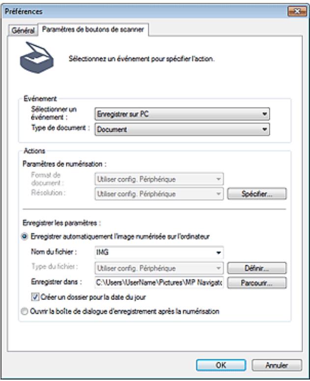 CANON PIXMA MG5150 - Onglet paramètres de boutons de scanner (enregistrer sur PC) - 1