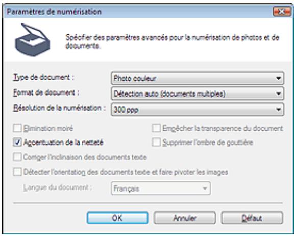 CANON PIXMA MP240 - Boîte de dialogue paramètres de numérisation (photos/documents) - 1
