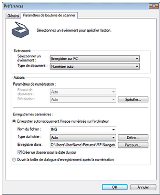 CANON PIXMA MP495 - Onglet Paramètres de boutons de scanner (Enregistrer sur PC) - 1