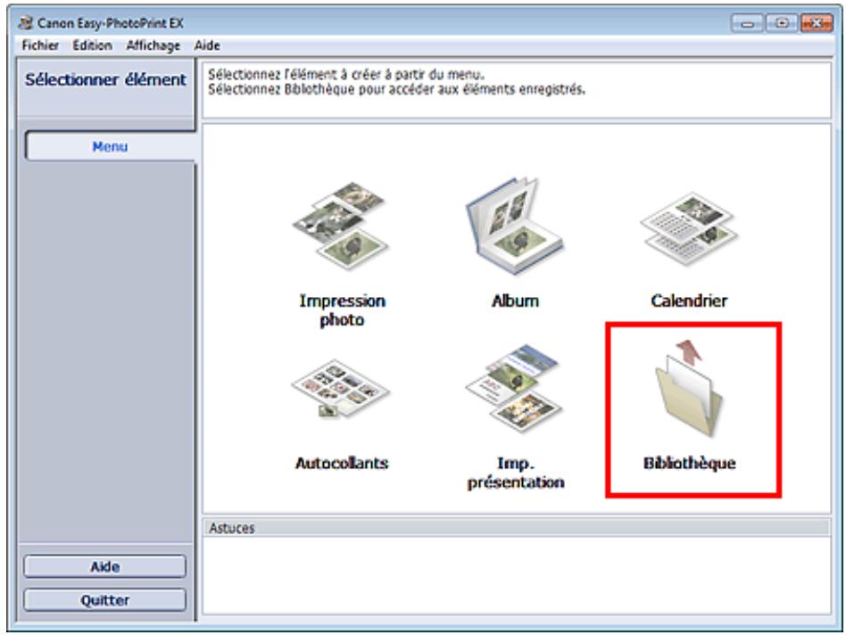 CANON PIXMA MP495 - Cliquez sur Bibliothèque sous Menu. - 1