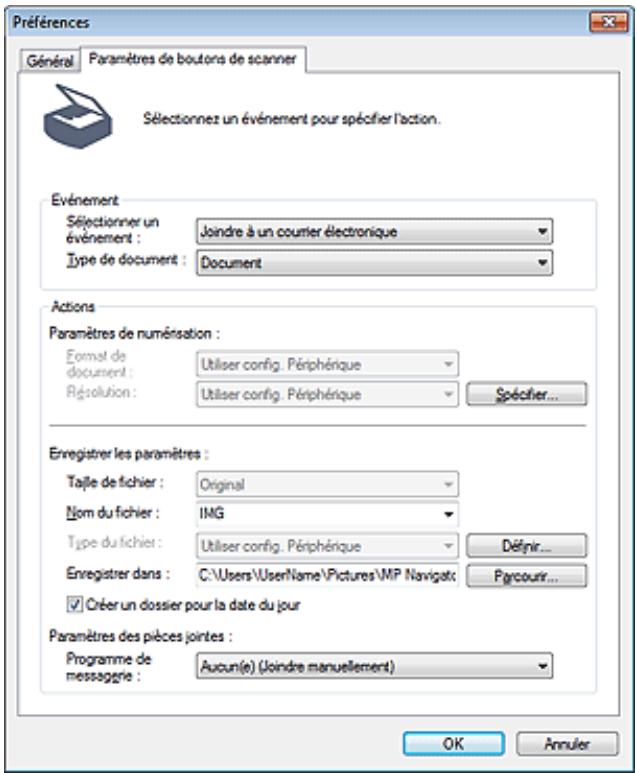 CANON MG5350 - Onglet paramètres de boutons de scanner (joindre à un courrier électronique) - 1