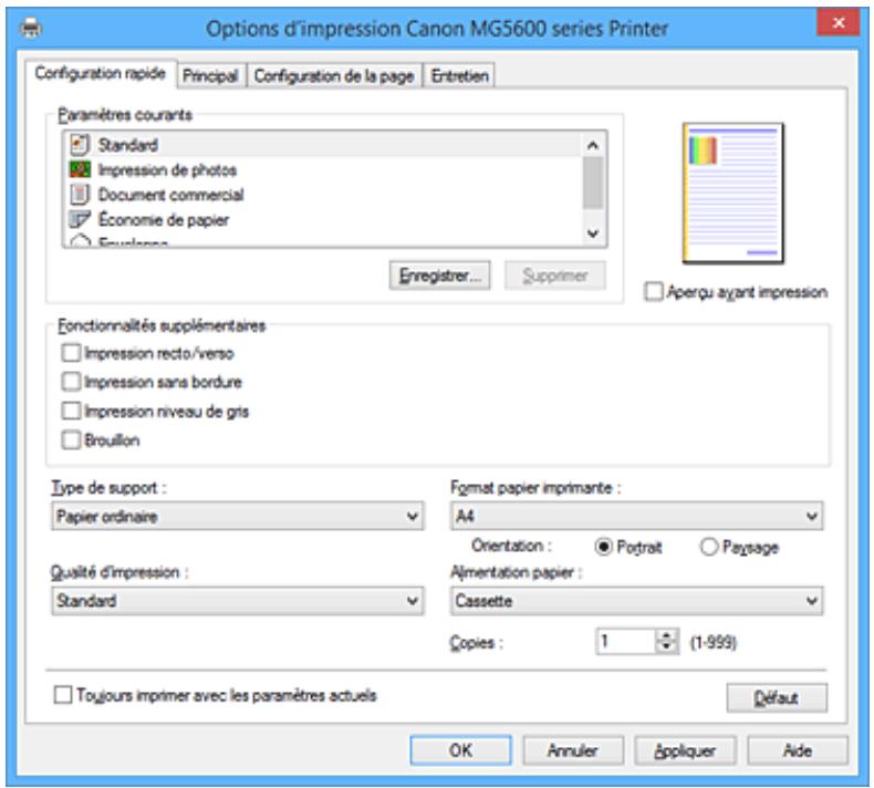 CANON PIXMA MG5650 - Description de l'onglet Configuration rapide - 1