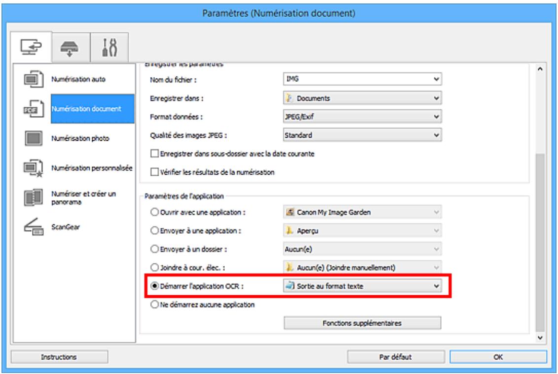 CANON PIXMA MG5650 - Sélectionnez Demarrer l'application OCR dans Paramètres de l'application, puis selectionnez l'application dans laquelle vous souhaitez afficher le résultat. - 1
