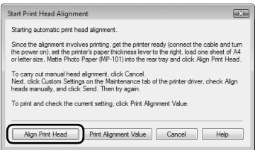 Start Print Head Alignment Starting automatic print head alignment. Since the alignment involves printing, get the printer ready (connect the cable and turn the power on), set the printer's paper thickness lever to the right, load one sheet of A4 or letter size, Matte Photo Paper (MP-101) into the rear tray and click Align Print Head. To carry out manual head alignment, click Cancel. Next, click Custom Settings on the Maintenance tab of the printer driver, check Align heads manually, and click Send. Then try again. To print and check the current setting, click Print Alignment Value. Align Print Head Print Alignment Value Cancel Help