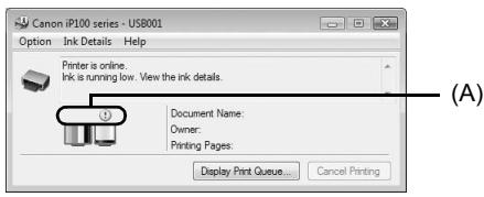 Canon iP100 series - USB001 Option Ink Details Help Printer is online. Ink is running low. View the ink details. Document Name: Owner: Printing Pages: Display Print Queue... Cancel Printing (A)