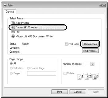 Print General Select Printer Add Printer Canon iP100 series Fax Microsoft XPS Document Writer Status: Ready Location: Comment: Print to file Preferences Find Printer... Page Range All Selection Current Page Pages: Number of copies: 1 Collate 1 1 2 2 3 3 Print Cancel Apply