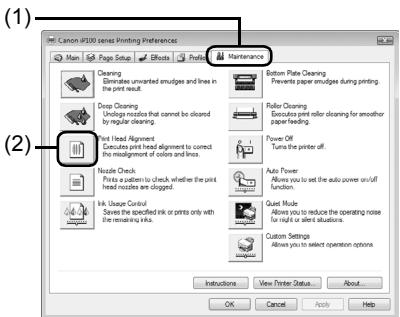 (1) Canon IP300 Series Printing Preferences Main Page Setup Effects Prefix Maintenance (-) Cleaning Eliminates uncharted emutipes and lines in the print circuit. (-) Deep Cleaning Unloading micrata that cannot be cleared by regular cleaning. (-) Print Head Agment Execute print head alignment to correct the misalignment of colors and lines. (-) Needle Check Prints a pattern to check whether the print head nodules are disposed. (-) Ink Usage Control Serves the specified ink or prints only with the remaining ink. (-) Bottom Plate Cleaning Prevents paper emutipes during printing. (-) Roller Cleaning Excludes print roller cleaning for smoother paper feeding. (-) Power Off Turns the printer off. (-) Auto Power Allows you to set the auto power on/off function. (-) Quiet Mode Allows you to reduce the operating noise for right or silent situations. (-) Custom Settings Allows you to select operation options Instructions View Printer Status About... OK Cancel Help (2)