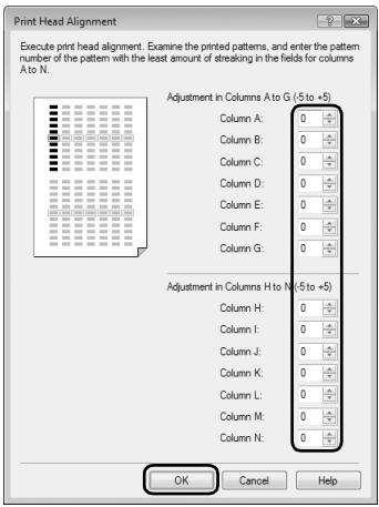 Print Head Alignment Execute print head alignment. Examine the printed patterns, and enter the pattern number of the pattern with the least amount of streaking in the fields for columns A to N. Adjustment in Columns A to G (5 to +5) Column A: 0 Column B: 0 Column C: 0 Column D: 0 Column E: 0 Column F: 0 Column G: 0 Adjustment in Columns H to N (5 to +5) Column H: 0 Column I: 0 Column J: 0 Column K: 0 Column L: 0 Column M: 0 Column N: 0 OK Cancel Help