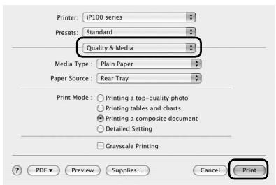 Printer: iP100 series Presets: Standard Quality & Media Media Type: Plain Paper Paper Source: Rear Tray Print Mode: ○ Printing a top-quality photo ○ Printing tables and charts ● Printing a composite document ○ Detailed Setting □ Grayscale Printing ? PDF ▼ Preview Supplies... Cancel Print
