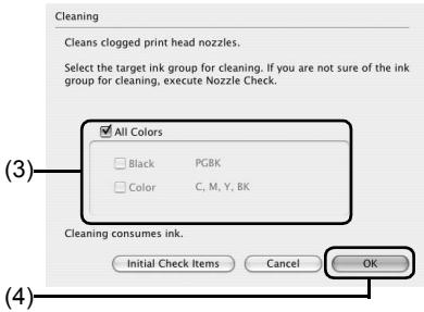 Cleaning Cleans clogged print head nozzles. Select the target ink group for cleaning. If you are not sure of the ink group for cleaning, execute Nozzle Check. (3) All Colors Black PGBK Color C, M, Y, BK Cleaning consumes ink. Initial Check Items Cancel OK (4)