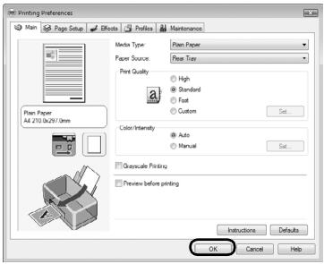 Printing Preferences Main Page Setup Effects Profiles Maintenance Media Type: Print Paper Paper Source: Rear Tree Print Quality: High Standard Fast Custom Color/Intensity: Auto Manual Set... Grayscale Printing Preview before printing Instructions Defaults OK Cancel Help