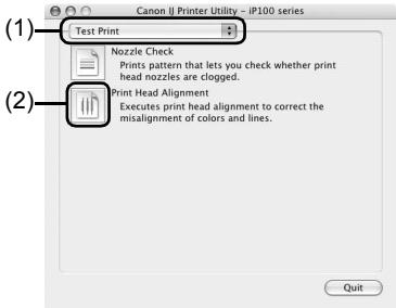 (1) Test Print Nozzle Check Prints pattern that lets you check whether print head nozzles are clogged. Print Head Alignment Executes print head alignment to correct the misalignment of colors and lines. (2) Quit