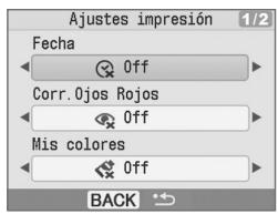 Ajustes impresión 1/2. Fecha: Off. Corr.Ojos Rojos: Off. Mis colores: Off. BACK