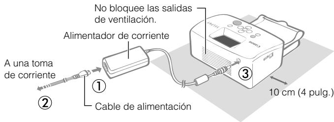 No bloquee las salidas de ventilación. Alimentador de corriente. A una toma de corriente. ① Cable de alimentación. ② ③ 10 cm (4 pulg.)