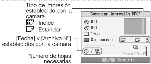 Tipo de impresión establecido con la cámara : Indice : Estándar [Fecha] y [Archivo N°] establecidos con la cámara Número de hojas necesarias Comenzar impresión DPOF Off Off 1-up Sin bordes 1 5 6 P 4×6/10×15 Imprimir