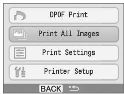 CANON SELPHY CP760 - Paina ○ (MENU) -painiketta ja valitse ▲- tai ▼-painikkeella [Print All Images/Tulosta kaikki kuvat]. - 1