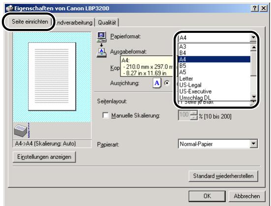 CANON LASER SHOT LBP3200 - Rufen Sie das Registerblatt [Seite einrichten] auf, und wahlen Sie dann unter [Papierformat] die große des Dokuments aus, das Sie in der Anwendung erstellt haben. - 1