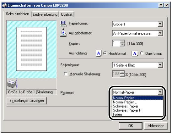 CANON LASER SHOT LBP3200 - Wahlen Sie unter [Papierart] den Typ des eingelegten Papiers aus. - 1