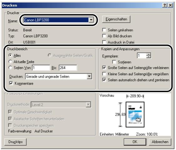 CANON LASER SHOT LBP3200 - Wahlen Sie [Canon LBP3200] unter [Name] aus, und geben Sie dann die Druckeinstellungen an. - 1