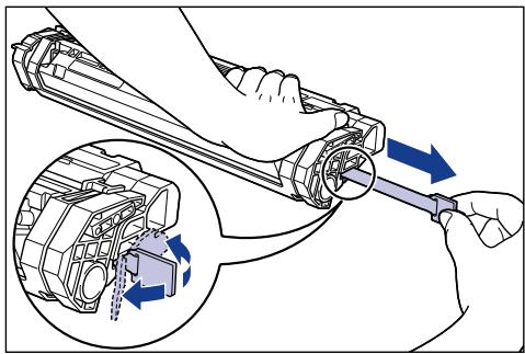 CANON LASER SHOT LBP3200 - Legen Sie die Tonerpatrone auf einer flachen Oberfläche ab, undziehen Sie dann das Siegelband (ca. 45 cm lang) langsam ab, während Sie die Tonerpatrone abstützen. - 1