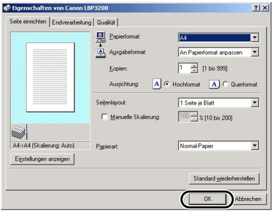 CANON LASER SHOT LBP3200 - Geben Sie die Druckeinstellungen in den Registern [Seite einrichten], [Endverarbeitung] und [Qualität] ein, und klichen dann auf [OK]. - 1