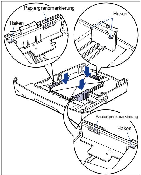 CANON LASER SHOT LBP3200 - Drücken Sie die Umschläge wie in der Abbildung gezeigt ein und achten Sie darauf, dass sie unter den Haken an den Papierführungen eingelegt sind und die Papiergrenzmarkierungen nicht überschreiben. - 1