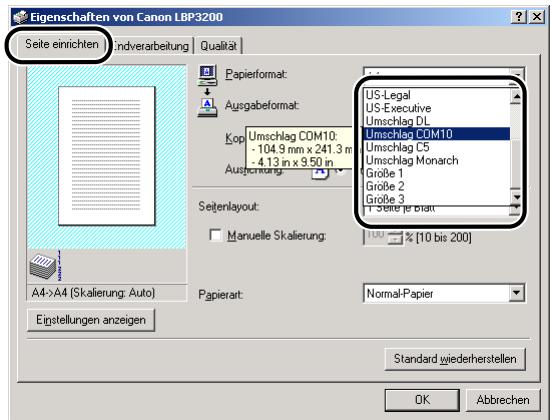 CANON LASER SHOT LBP3200 - Rufen Sie das Registerblatt [Seite einrichten] auf, und wahlen Sie dann unter [Papierformat] die große des Dokuments aus, das Sie in der Anwendung erstellt haben. - 1