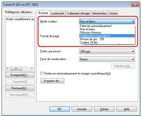 CANON IMAGEFORMULA P-215II - Si vous souhaitez améliorer les contours d'images réglez le paramètre d'accentuation des bords dans l'onglet [traitement d'image] - 3