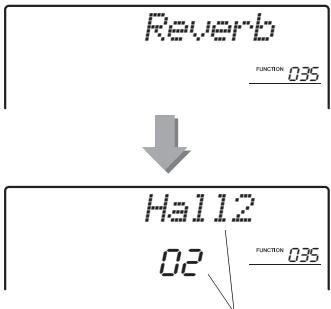 YAMAHA PSR-E443 - Utilisez les touches CATEGORY [+ ] et [-] pour appeler l'objet « Reverb » (fonction 035). - 3