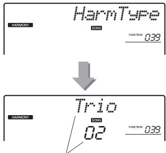 YAMAHA PSR-E443 - Maintenez la touche [HARMONY] enforcée pendant plus d'une seconde jusqu'à ce que l'élement « HarmType » (Type d'harmonie) s'affiche à l'écran. - 2