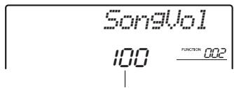 YAMAHA PSR-E443 - Appuyez plusieurs fois sur les touches CATEGORY [+ et [-] pour appeler I'élément « SongVol » (Volume du morceau) (fonction 002). - 3