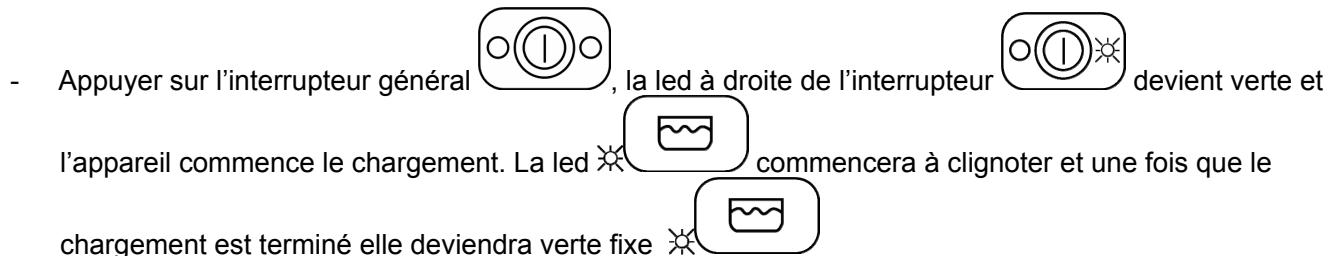 - Appuyer sur l'interrupteur général , la led à droite de l'interrupteur devient verte et l'appareil commence le chargement. La led commencera à clignoter et une fois que le chargement est terminé elle deviendra verte fixe