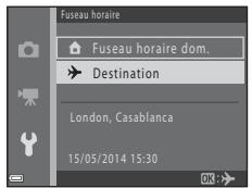 NIKON COOLPIX L330 - Sélectionnez Fuseau horsé dom. ou  Destination et appuyez sur la commande - 1