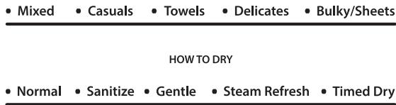 • Mixed • Casuals • Towels • Delicates • Bulky/Sheets HOW TO DRY • Normal • Sanitize • Gentle • Steam Refresh • Timed Dry