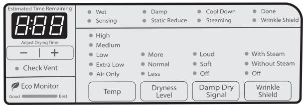 Estimated Time Remaining 8:30 Adjust Drying Time - | + Check Vent Eco Monitor Good - Best Wet Sensing Damp Static Reduce Cool Down Steaming Done Wrinkle Shield High Medium Low Extra Low Air Only More Normal Less Loud Soft Off With Steam Without Steam Off Temp Dryness Level Damp Dry Signal Wrinkle Shield