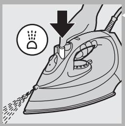 Diagram illustrating the process of ironing a steam iron with a downward arrow and raindrops, showing iron being washed.
