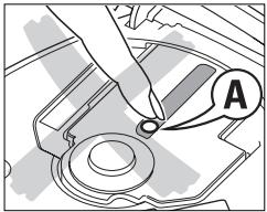 Technical diagram showing a hand using a tool to adjust or install a mechanical component, labeled with 'A' in the corner.