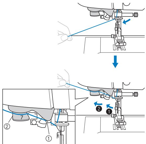 BROTHER F410 - Pull the end of the thread, which has been passed through the needle bar thread guide, to the left, then pass the thread through the notch of the threads thread guide 1, and then firmly pull the thread from the front and insert it into the slit of the threads thread guide disk marked "7" all the way 2. - 1