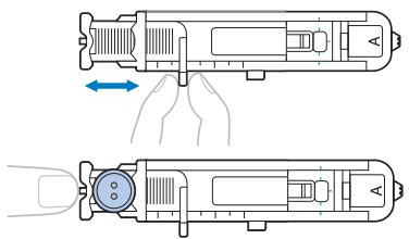 BROTHER F410 - Pull out the button guide plate of buttonhole foot "A", and then insert the button that will be put through the buttonhole. - 1