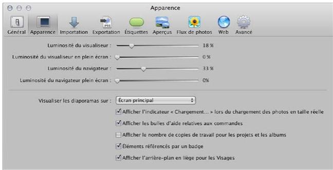 APPLE APERTURE 3.4 - Préférences de la sous-fenêtre apparace - 1