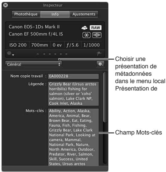 APPLE APERTURE 3.4 - Pour afficher les mots-clés d'une photo à l'aide de la sous-fenêtre info de la palette de l'inspecteur - 1