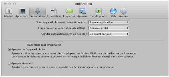 APPLE APERTURE 3.4 - Préférences de la sous-fenêtre importer - 1
