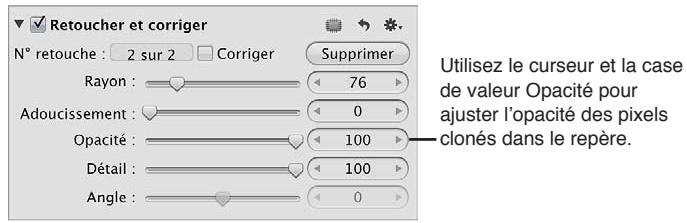 APPLE APERTURE 3.4 - Ajustement du niveau d'opacité à l'intérieur de la zone déliminée par les repères retoucher et corriger - 2