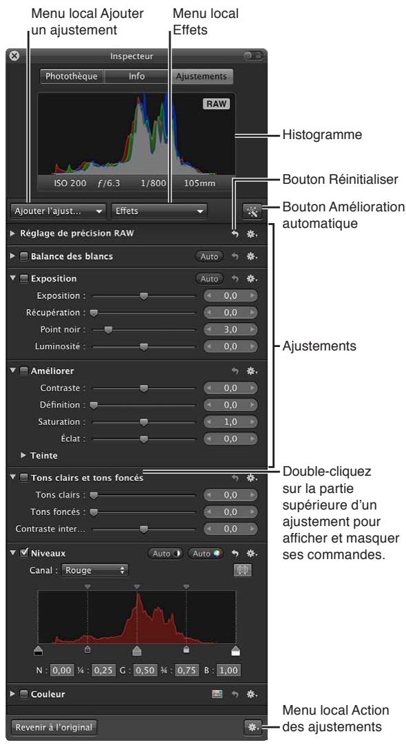APPLE APERTURE 3.4 - Pour afficher la sous-fenêtre ajustements de la palette de l'inspecteur - 1
