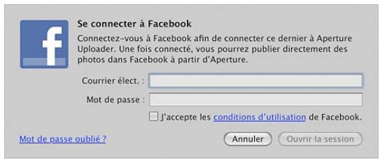 APPLE APERTURE 3.4 - Pour vous connecter à facebook et télécharger une photo ou une réserve sur votre mur facebook - 1