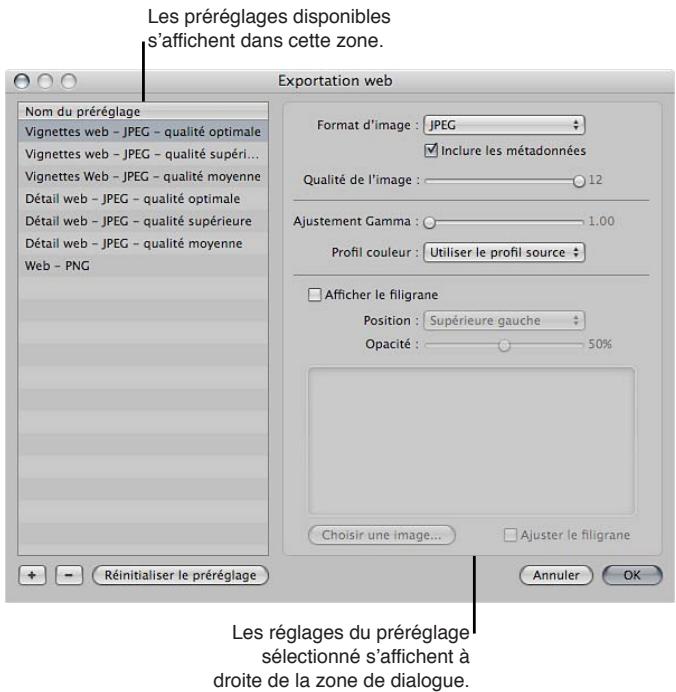 APPLE APERTURE 3.4 - Affichage des réglages d'un préréglage d'exportation web - 1